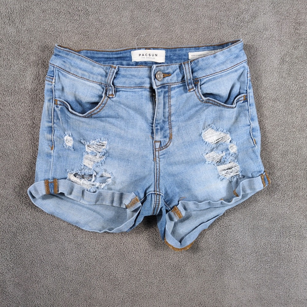 PacSun Shorts Womens 25 Blue Denim Super Stretch Low Rise Distressed Cuffed Hem